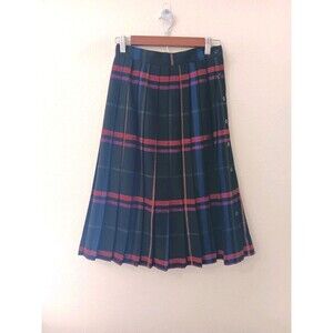 Vintage Plaid Pleated Midi Skirt Made in USA Wool Blend Side Button Academia